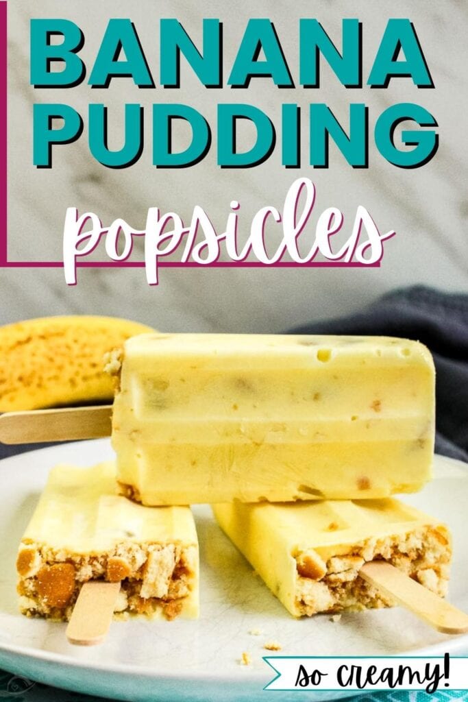 three banana pudding pops stacked on a white plate with text overlay