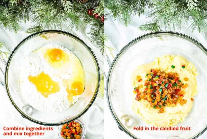 Two image collage showing steps of mixing cake ingredients and adding the candied fruit to the batter.