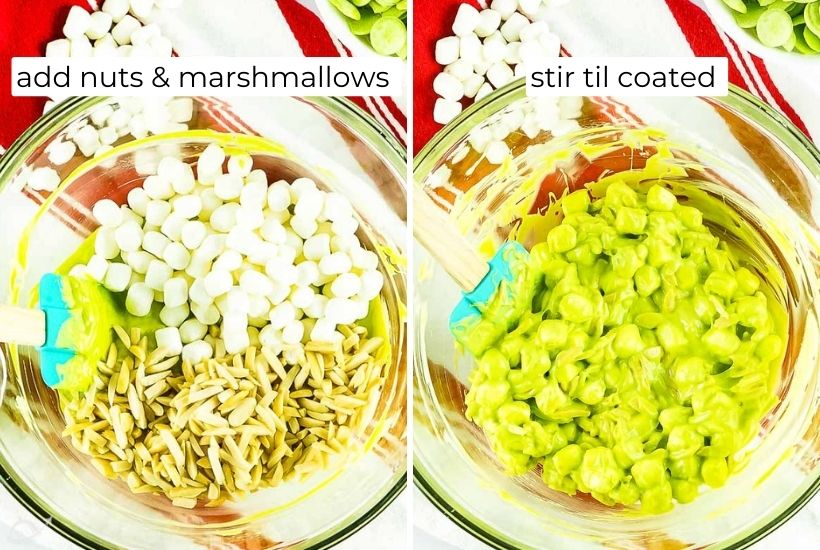 Two image collage of nuts, marshmallows, and candy melt mixture being stirred together.