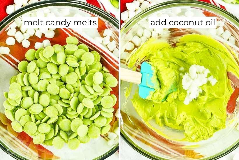 Two image collage of green candy melts being melted and mixed with coconut oil.