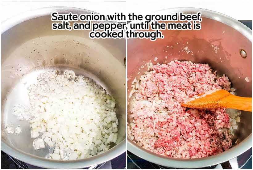 Two image collage showing sauteed onions and cooking the ground beef.