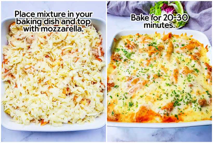 Two image collage of noodles and cheese in a casserole dish before cooking and after it has been baked with text overlay.