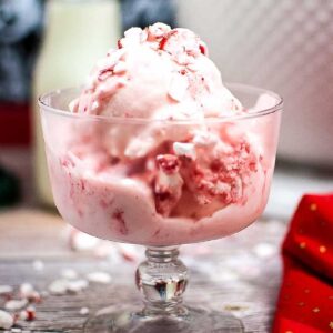 peppermint ice cream in a small glass dish