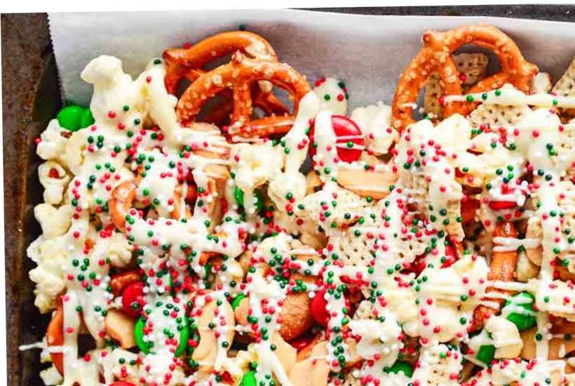 close up of christmas crack chex mix.