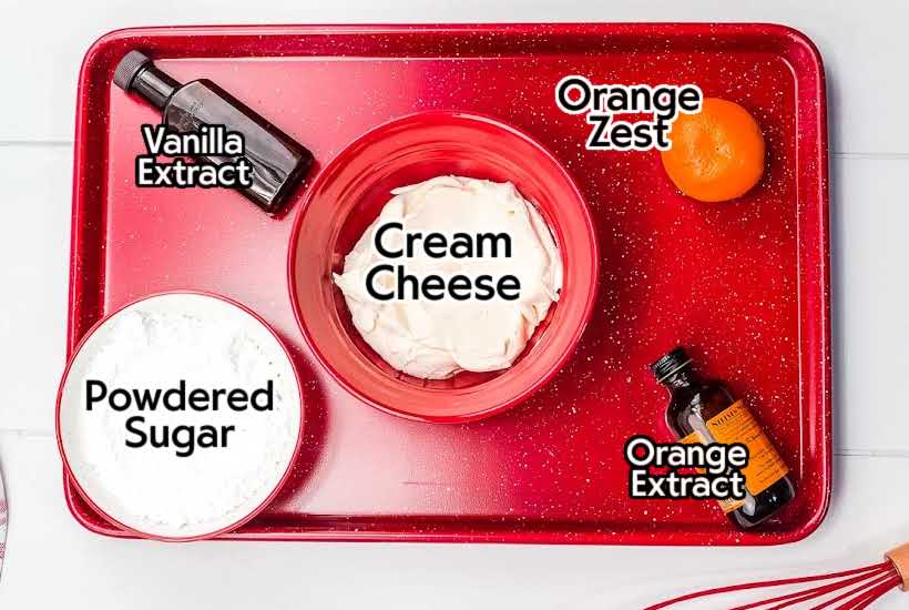 Ingredients to make the cream cheese frosting on a red tray with text labels overlay.