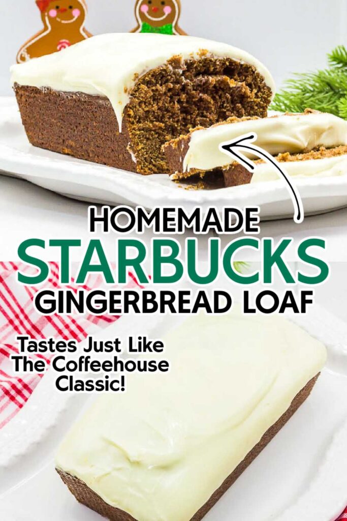 Two image collage of Starbucks gingerbread loaf with one slice cut and one full loaf on a platter with text overlay.