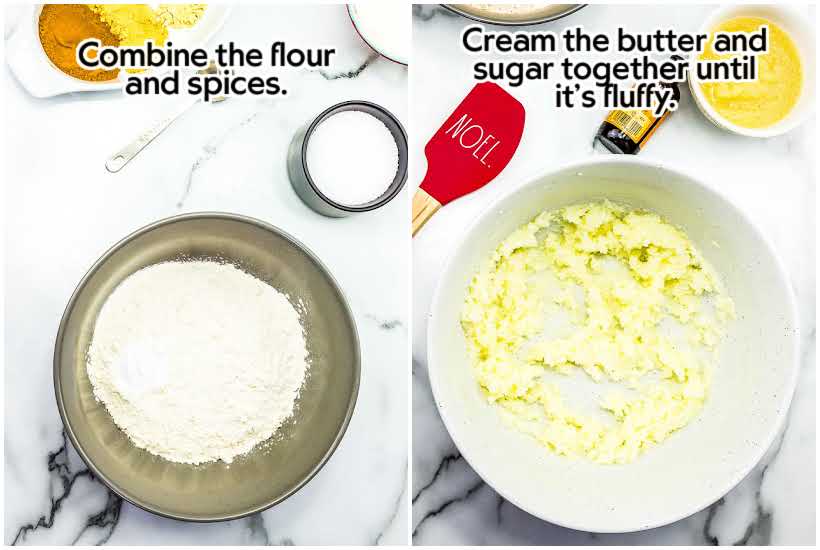 Two image collage of the spices and flour in bowls and butter and sugar creamed together with text overlay.