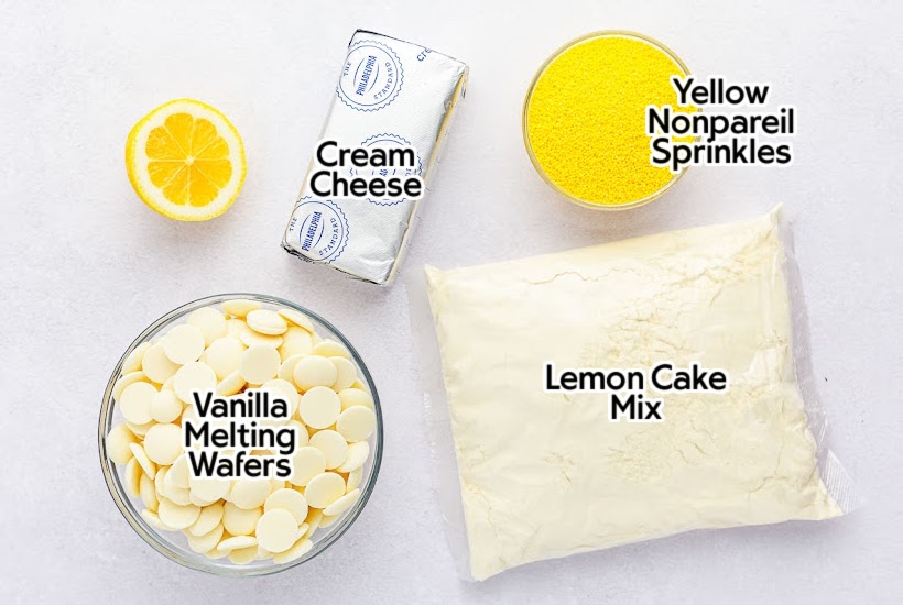 Ingredients needed to make lemon flavored Cake Balls with text overlay.