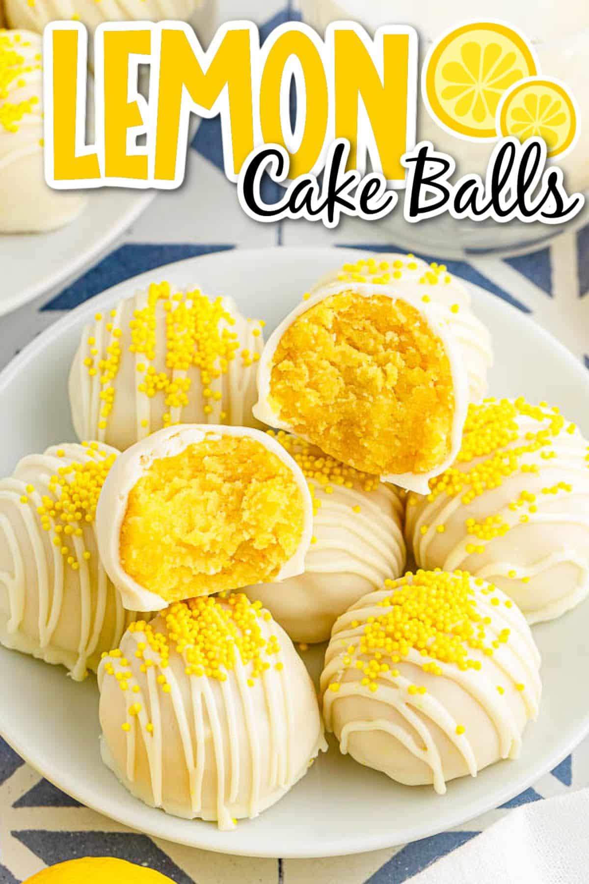 A plate of Lemon Cake Mix Balls with one split open with text overlay.