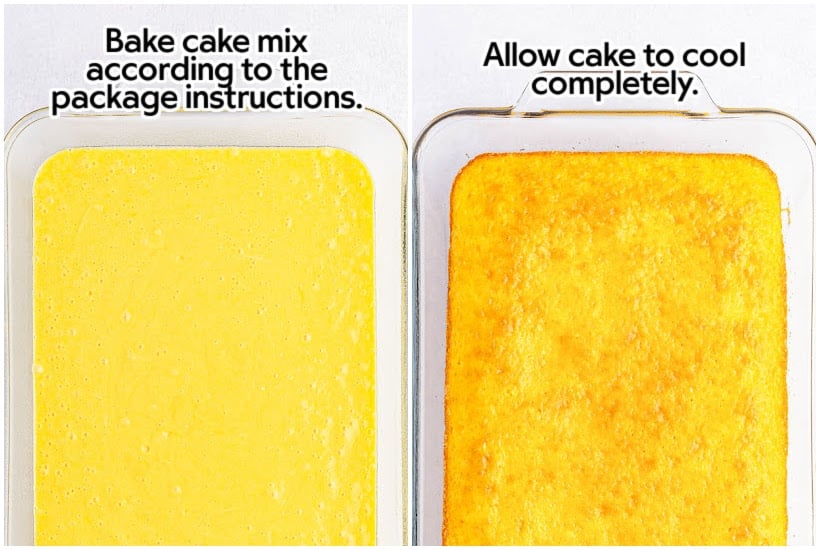 Side by side images of cake batter in a 9x13 casserole dish and cake after being baked, with text overlay.