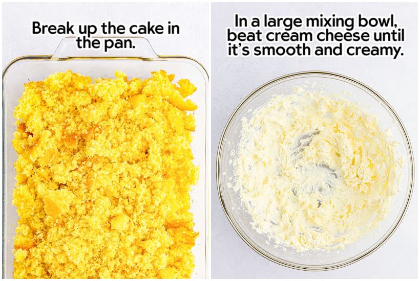 Two images of cake after being broken up and cream cheese in a mixing bowl after being mixed with text overlay.