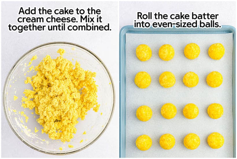 Two images of cake mixture added to cream cheese and cake batter mixture rolled into balls on a parchment paper lined cookie sheet with text overlay.