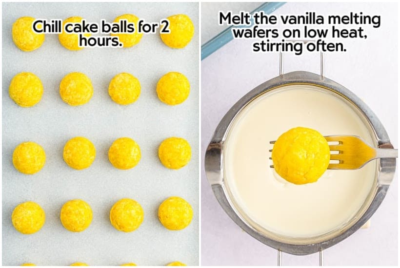 Two images of cake balls on parchment paper after being chilled and a cake ball on a fork above melted vanilla wafers with text overlay.