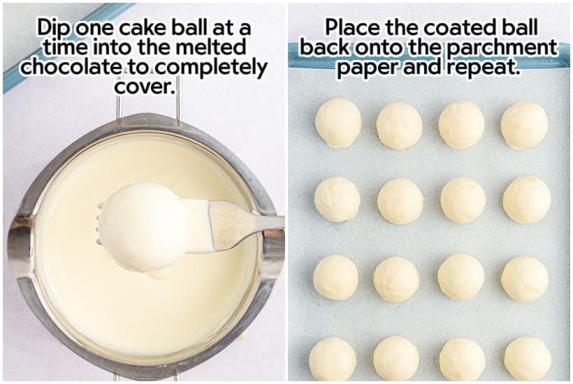 Side by side images of a Lemon Cake Ball covered in white chocolate and Lemon Cake Balls on parchment paper with text overlay.