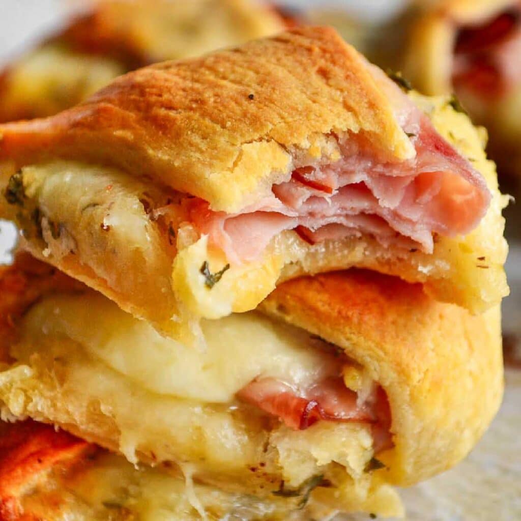 Close up of a slice of Ham and Cheese Crescent Ring.