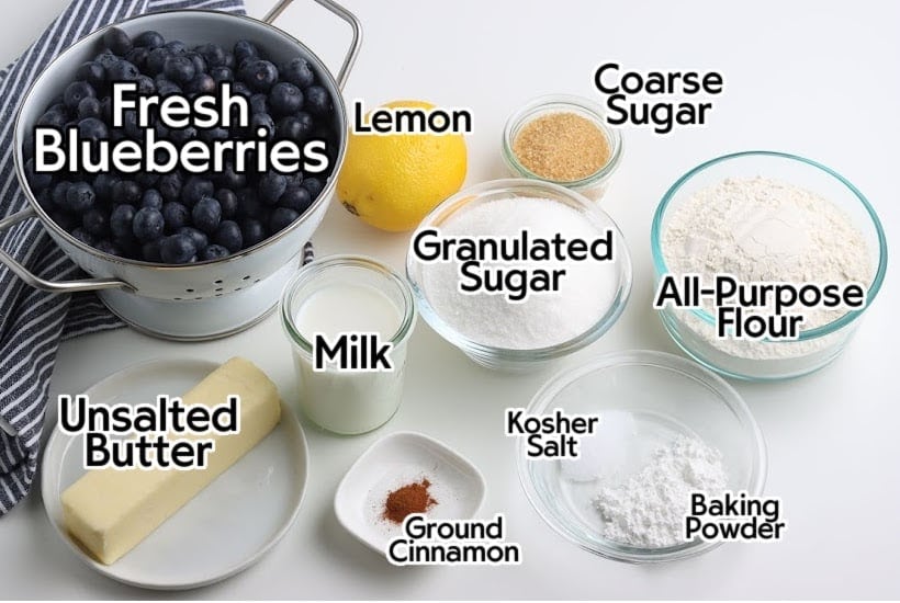 Ingredients needed to make blueberry cobbler with text overlay.