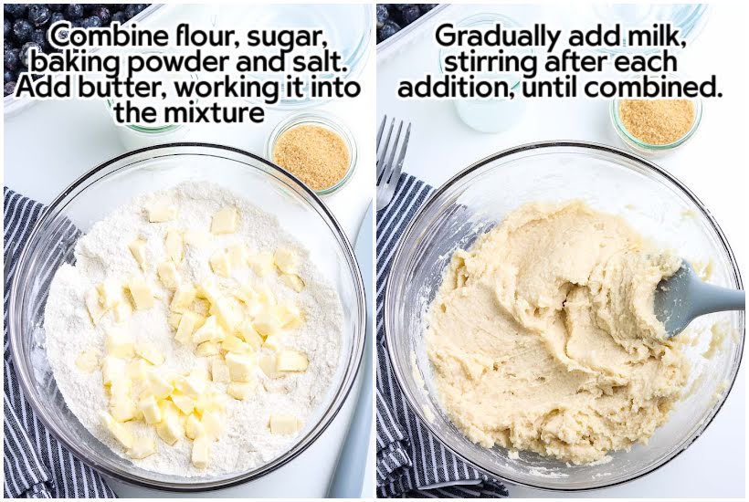 Two image collage of flour, sugar, baking powder, and salt and milk added to batter with text overlay.