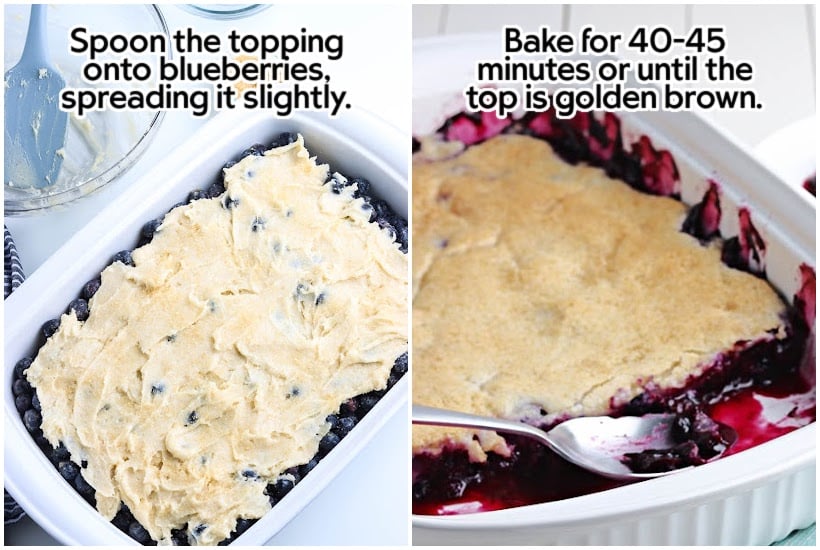 Side by side images of topping added to the blueberry filling in a dish and the cobbler after being baked with text overlay.