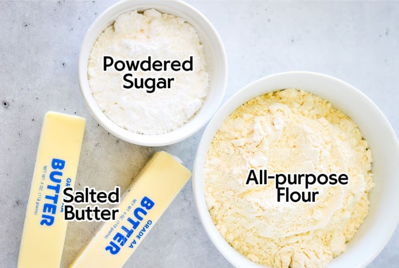 Ingredients to make shortbread cookies with labels.