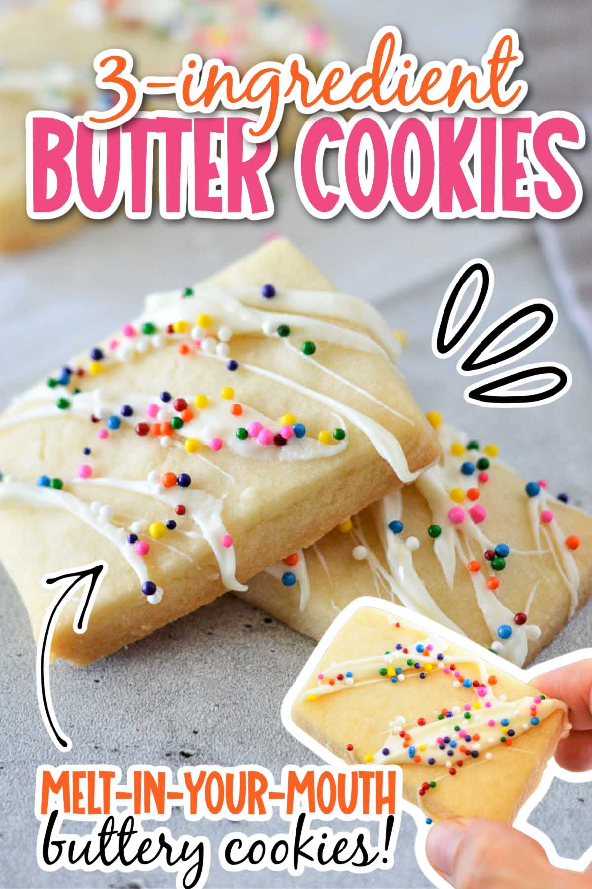 A small stack of 3 ingredient butter cookies decorated with icing and sprinkles with text overlay.