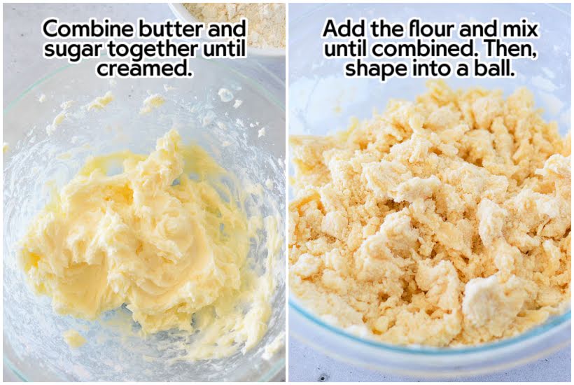 Two image collage of butter and sugar in a bowl and flour mixed into butter mixture with text overlay.