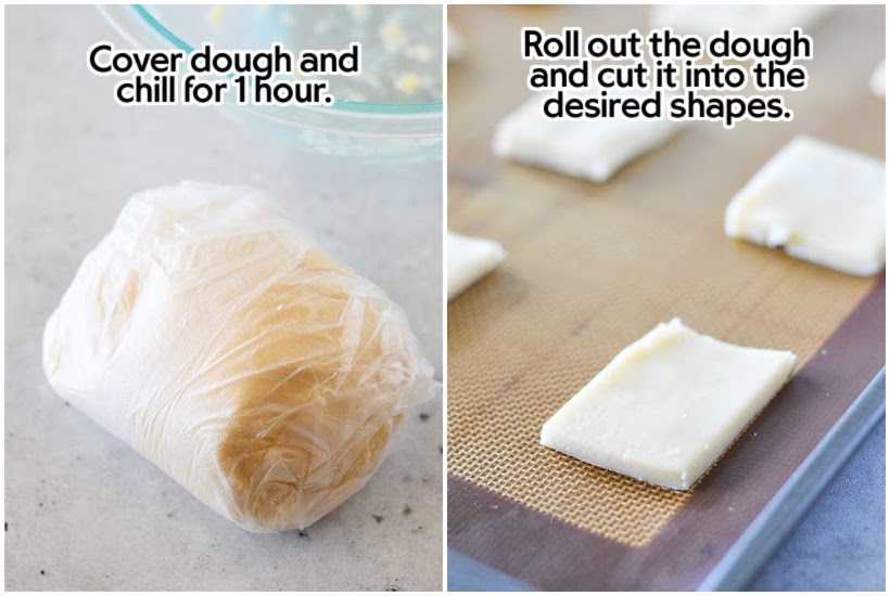 Two image collage of shortbread cookie dough wrapped in plastic wrap and dough rolled out and cut into rectangles with text overlay.