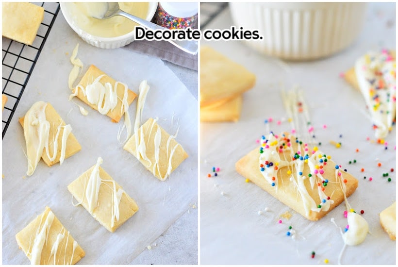 Side by side images of icing on cookies and sprinkles on iced cookies with text overlay.