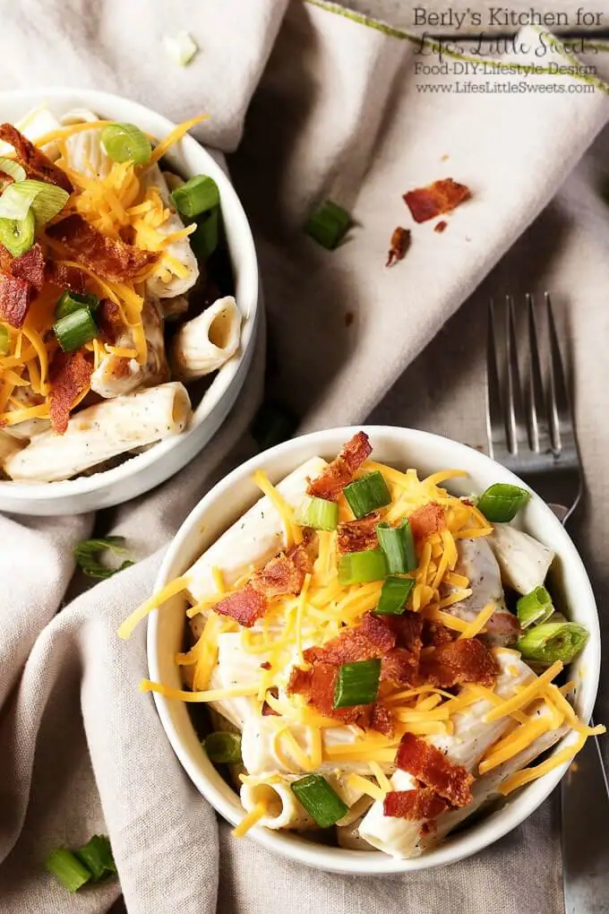 Bowls of cold pasta salad with chicken, bacon and ranch.