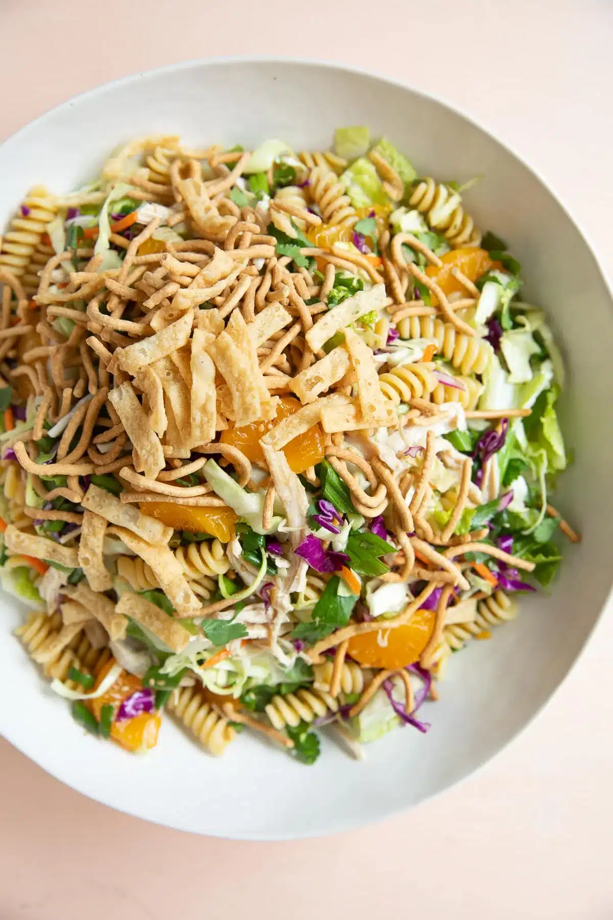 A pasta salad with wonton strip topping.