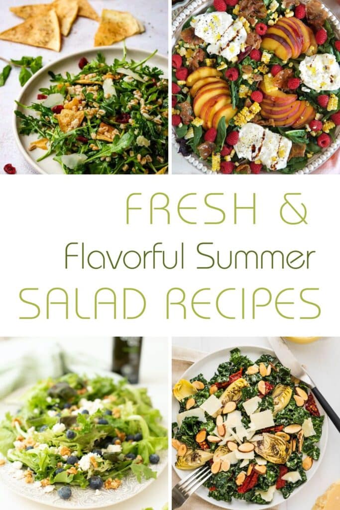 Four photo collage of fresh summer salad recipes with text overlay.