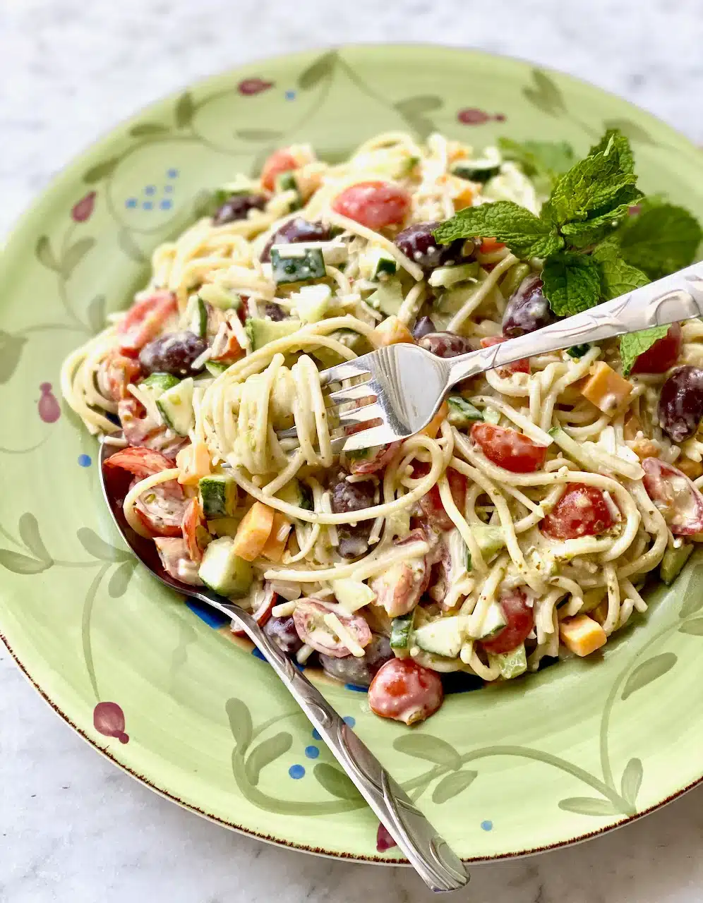 Pasta salad made with spaghetti noodles.