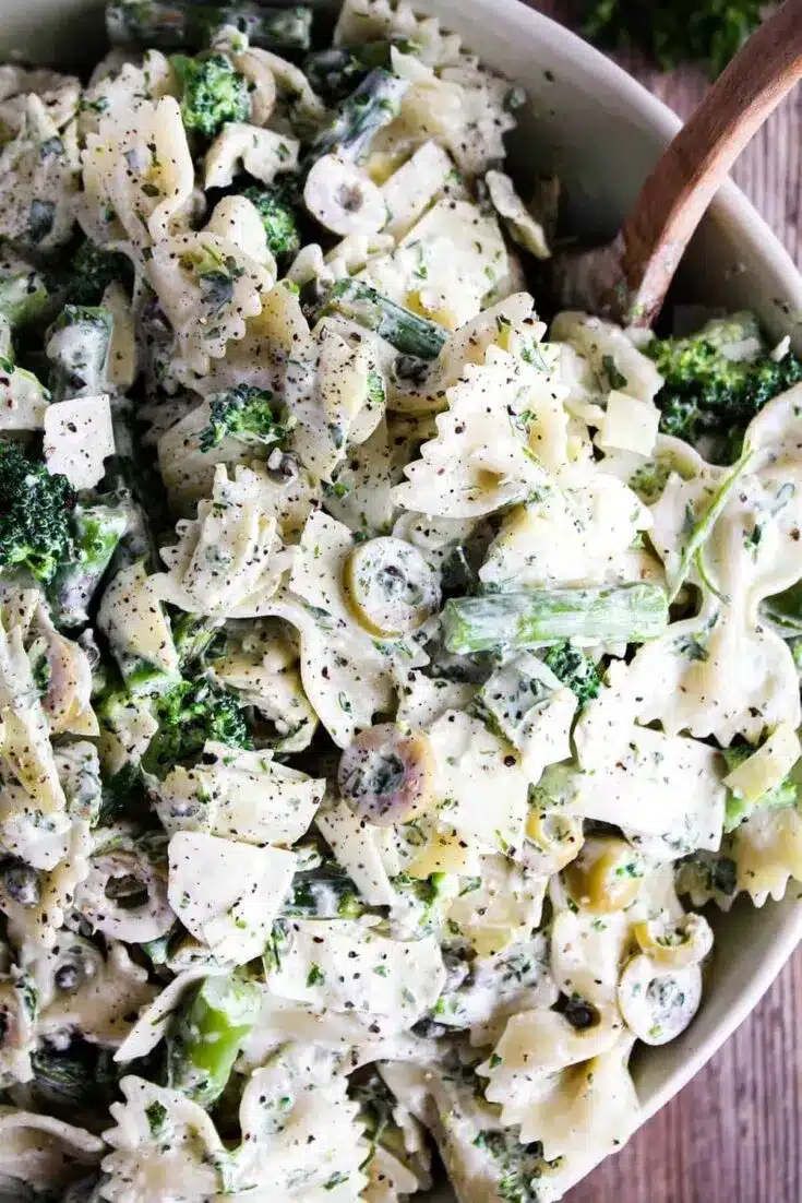 Green goddess salad dressing on pasta salad.