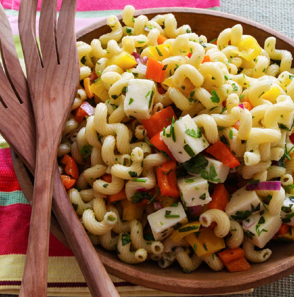 Classic pasta salad with cheese and veggies.