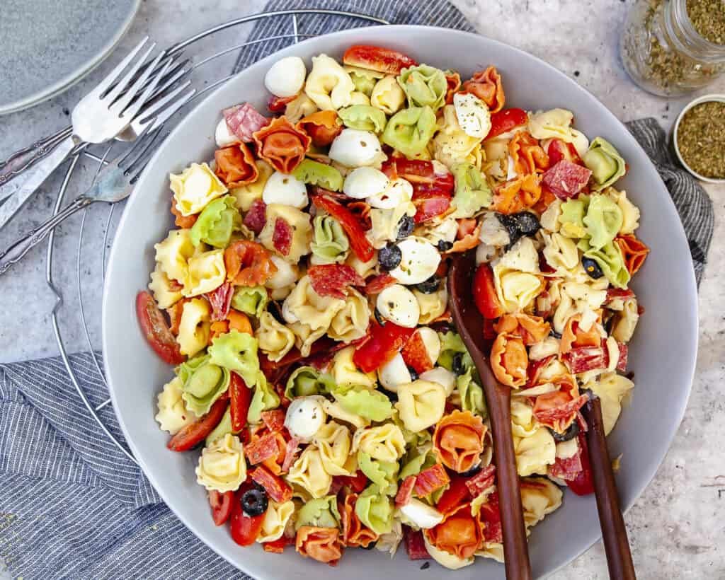 pasta salad with tortellini tomatoes and cheese.