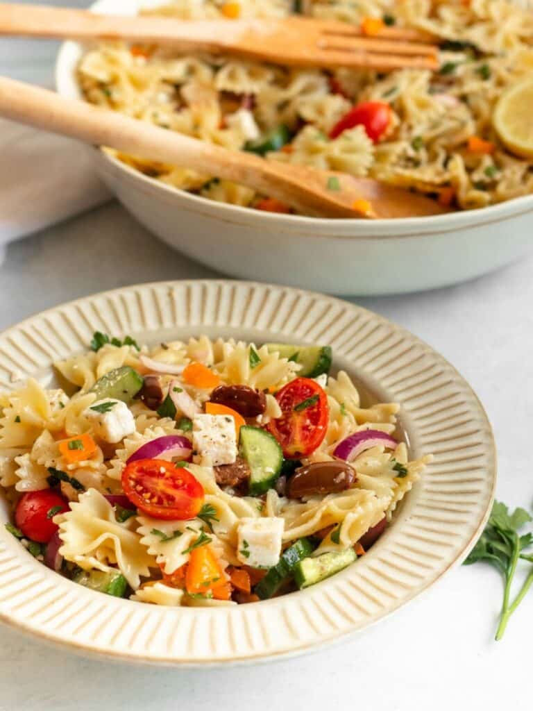 A pasta salad with greek ingredients.