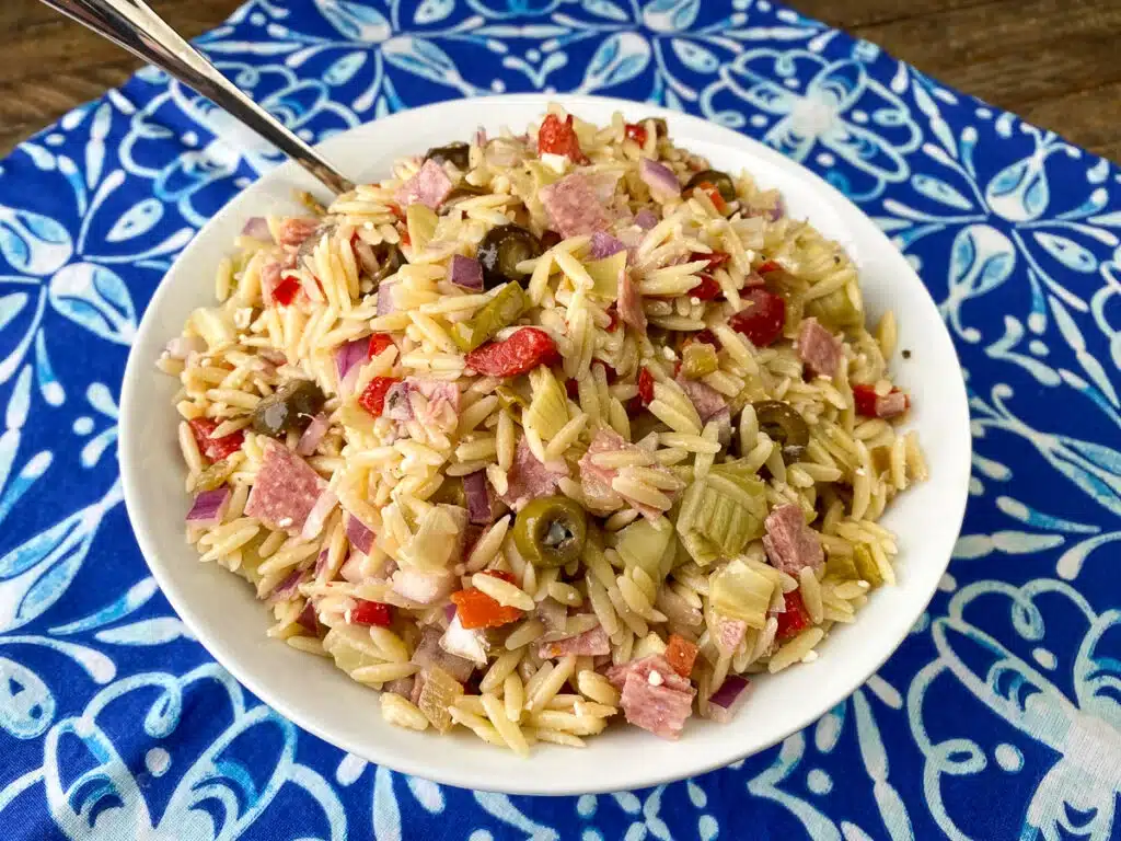 Pasta salad made with muffuletta sandwich fillings.