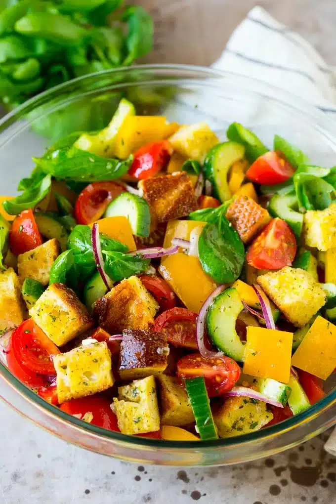 Salad with toasted bread cubes mixed in.