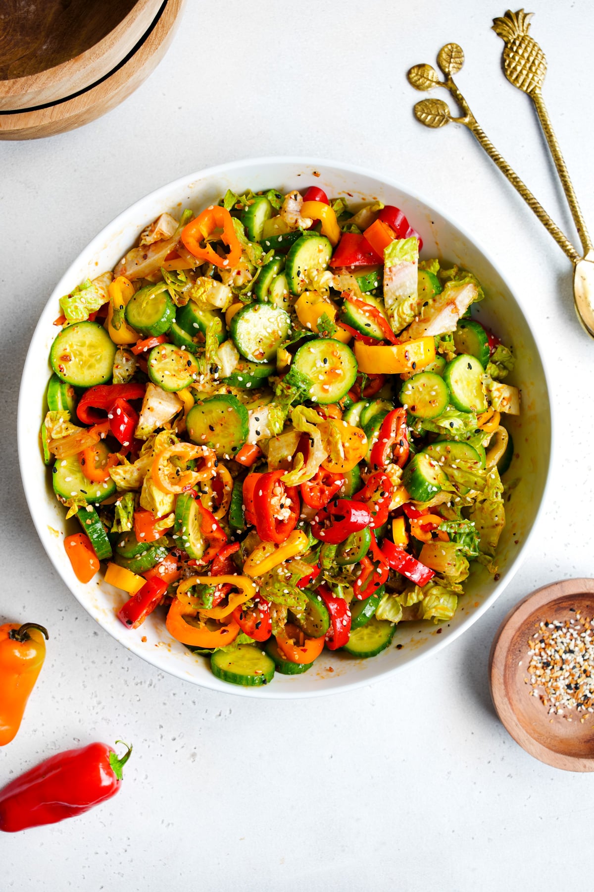 A cucumber and bell pepper salad.
