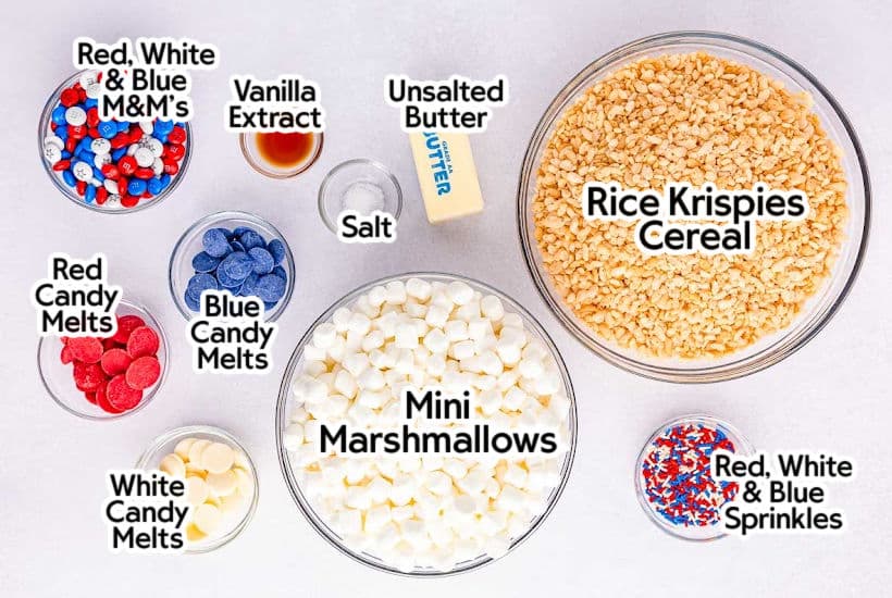 Ingredients to make homemade rice krispie treats with labels.