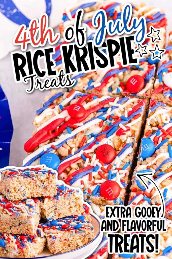 Collage image of red white and blue rice krispie treats with text overlay.