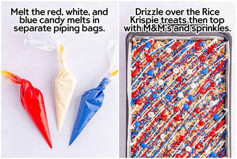 Step 4 collage of making 4th of July Rice Krispie Treats - one image is the melted candy melts in plastic bags and the other image is a top view of the decorated rice krispie treats. 