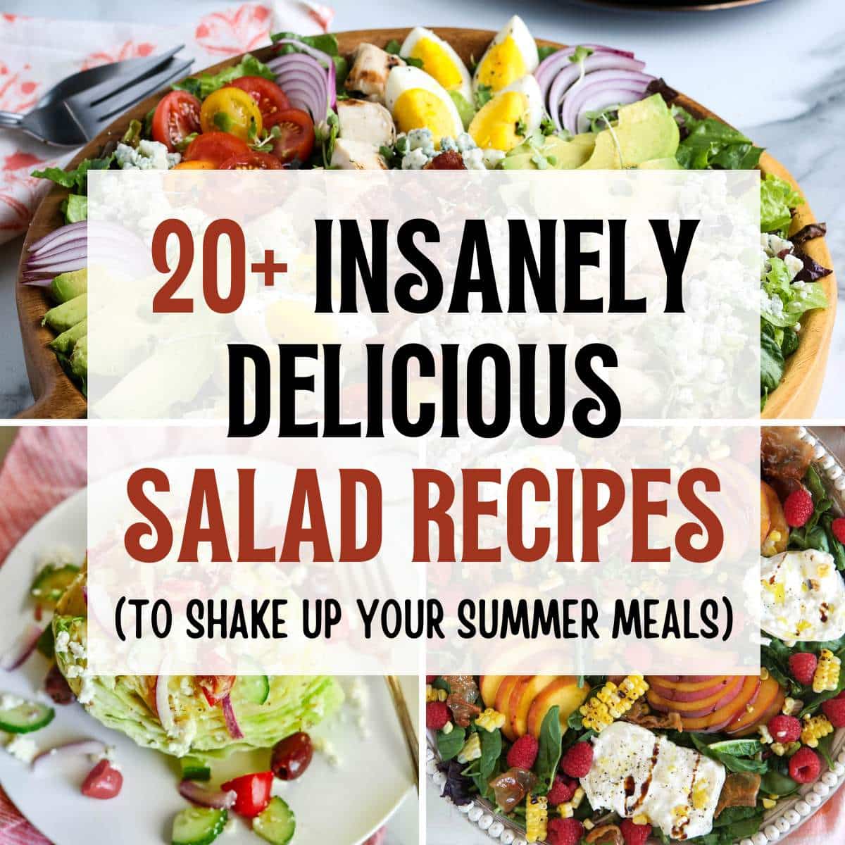 Three photo collage of summer salads with text overlay.