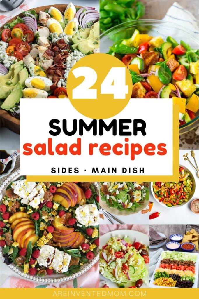 Photo collage of summer salads with text overlay.