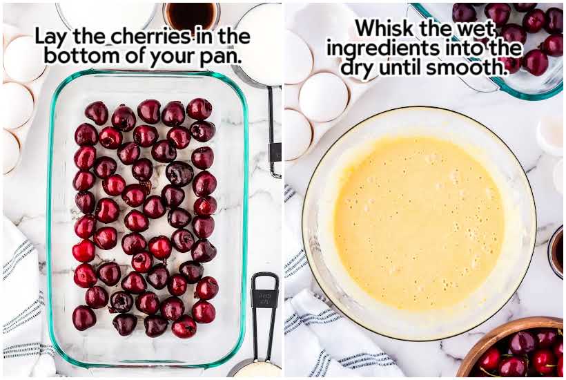 Two photo collage of fresh cherries in a casserole dish and clafouti batter in a bowl.