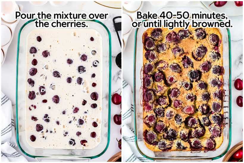 Two photo collage of custard batter and cherries in a baking dish before and after baking.