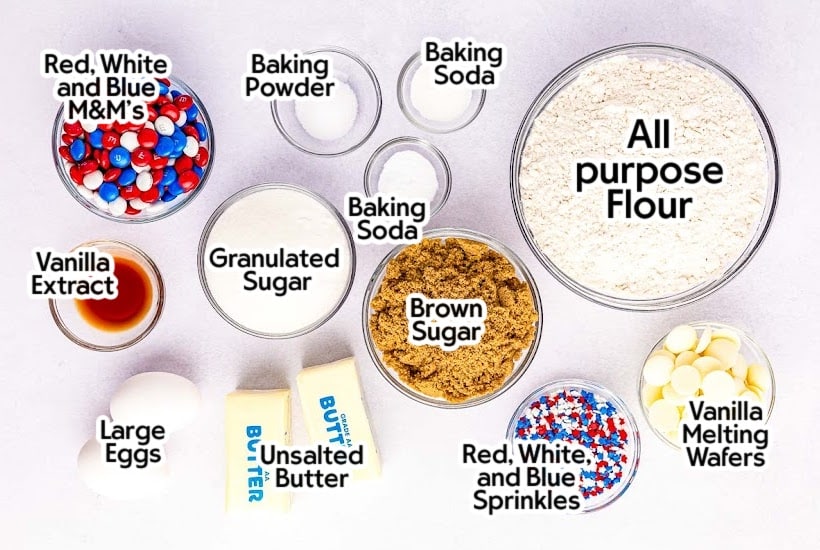 Ingredients for 4th of July cookie bars with labels.