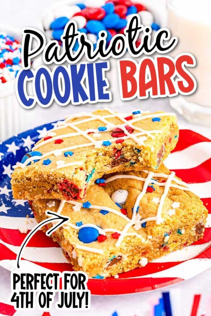 Two squares of patriotic cookie bars on a red white and blue plate with text overlay.
