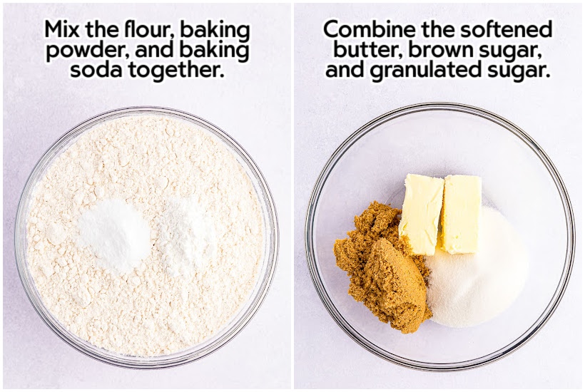 Two photo collage of dry ingredients in a bowl and sugars and butter in a second bowl.