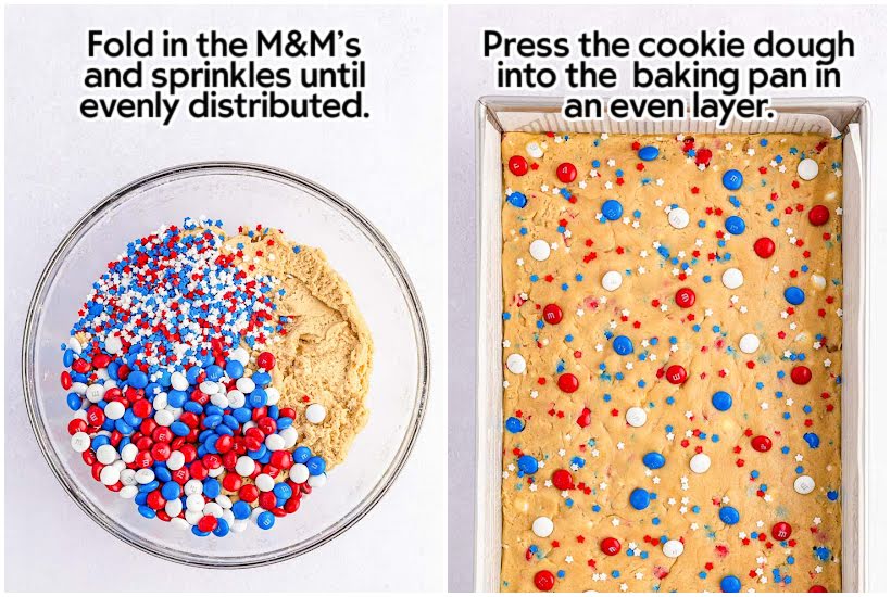 Two photo collage of M&Ms and sprinkles added to cookie dough and the dough pressed into the baking pan.