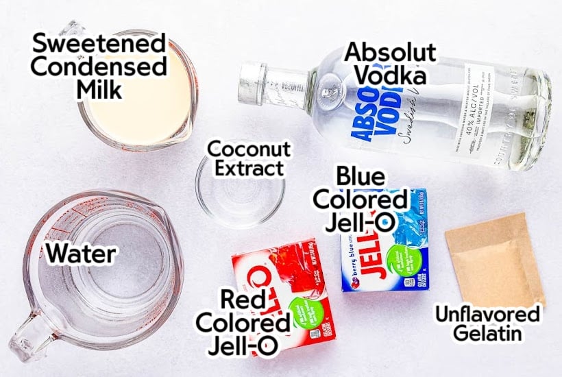 Ingredients to make patriotic jell-o shots with labels.